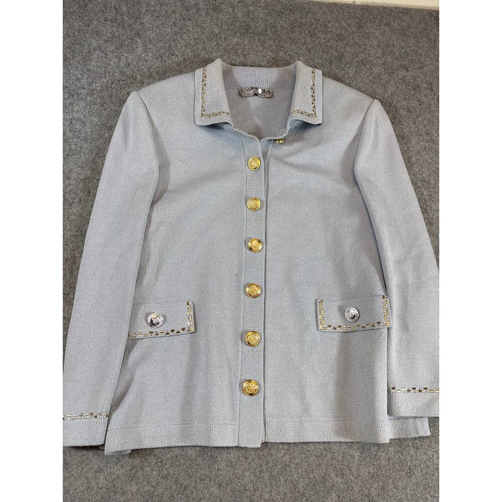 Vintage 90s Blazer Jacket Womens Blue Knit Gold Button Studded Old Money Large